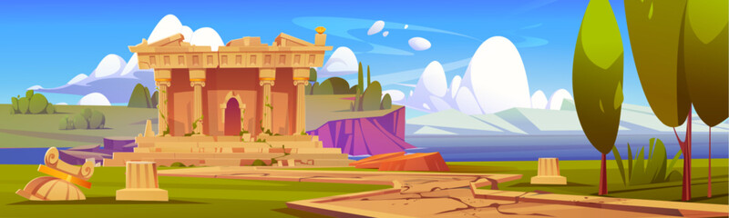 Fototapeta premium Destroyed ancient greek temple on summer landscape. Vector cartoon illustration of antique acropolis building with marble pillars, cracked stones, green trees, bushes on hills, blue river, sunny sky