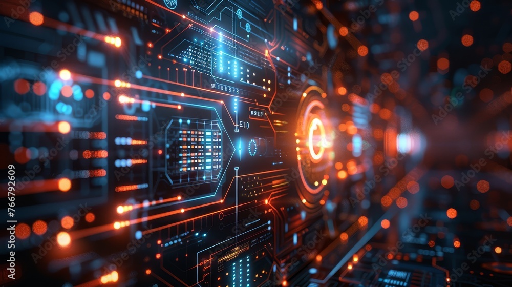 Fototapete an abstract representation of futuristic digital security measures with technological symbols and ic