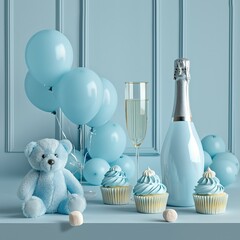 Champagne and a baby bear cupcakes with balloons, greeting cards, kid posters or baby shower.