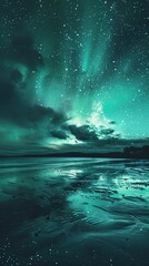 Amazing scenery of green aurora borealis shining in night sky over snowy mountain and sea. Night winter landscape with aurora and reflection on the water surface.