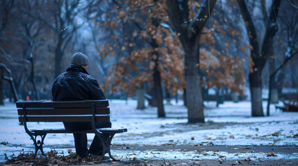 A lonely man sitting on a bench in winter. - obrazy, fototapety, plakaty