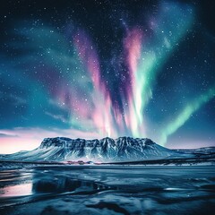 Northern lights or Aurora borealis in the ,Night sky  winter landscape with aurora, sea with sky reflection, city snowy mountains. - obrazy, fototapety, plakaty