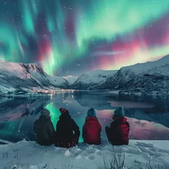 Fotobehang Group of people watching the northern lights, Aurora Borealis, The beautiful and magical of the Northern Lights Infront of lake. © rainbow