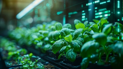An abstract representation of hydroponic plants with futuristic digital interfaces and data analytics for efficient cultivation