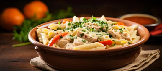 Fotobehang A comforting dish of pasta with chicken and vegetables, served on a rustic wooden table, showcasing the blend of ingredients in this delicious recipe © AkuAku