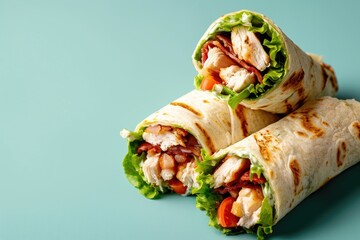 Two Chicken Wraps With Lettuce and Tomato on Blue Background
