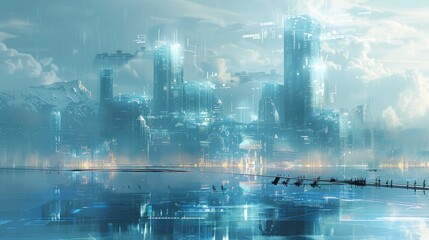  An artistic rendering of a futuristic cityscape with minimalist architecture and digital information panels integrated