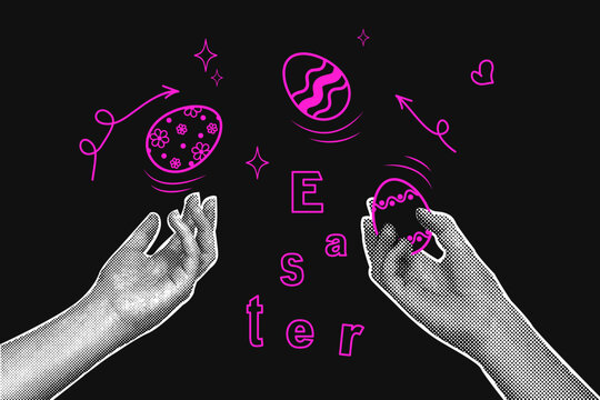 Trendy halftone collage on dark background. Hands juggling painted eggs for easter holiday. Social media communication, invitation template, congratulations.Abstract template.