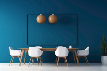 A contemporary blue meeting room with a wooden feature wall and a blank white empty frame.