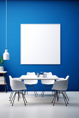 A contemporary blue meeting room with a whiteboard wall and a blank white empty frame.