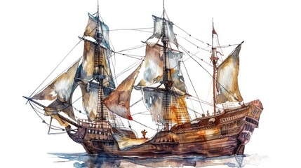 Oldfashioned sailing ship on rough seas in watercolor, detailed rigging and sails, adventure spirit, set against white