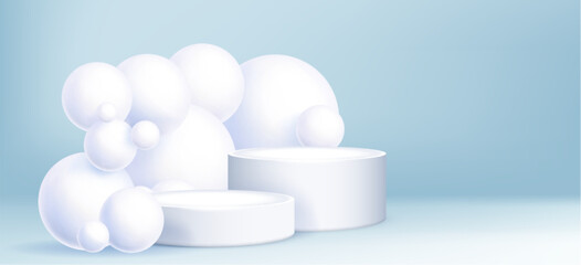 Cylinder two steps stair product podium with decorative balls in blue pastel colored studio room interior with floor and wall. Realistic 3d vector of white round stage or platform for goods display.