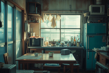 Vintage Kitchen Interior with Sunlight and Rustic Decor