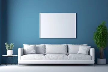 Fototapeten A contemporary blue living room with a cozy sofa and a blank white empty frame. © LOVE ALLAH LOVE