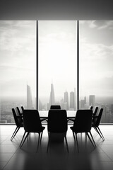 A contemporary black and white meeting room with a city skyline view and a blank white empty frame.