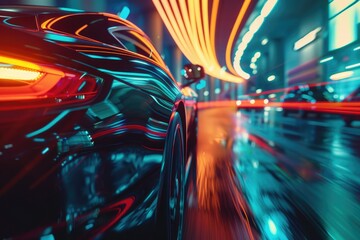 A fast-moving supercar, a supercar moving quickly at night with light lines, a dreamy concept sports car, a futuristic ultra-luxury sports car, and a colorful sports car light line
