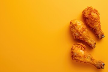 Three Pieces of Fried Chicken on Yellow Background - obrazy, fototapety, plakaty