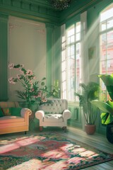 Sunlit vintage interior with green plants. Cozy room filled with sunlight through windows, showcasing a mix of vintage furniture and lush greenery