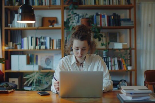Woman working on laptop at home, freelancing, digital nomad working on computer at home, woman working remotely on computer at home