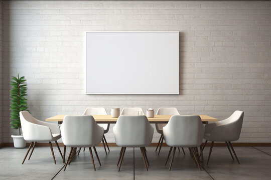 A contemporary and professional meeting room with minimalist aesthetics. The empty white frame hanging on the wall offers a canvas for personalized artwork.