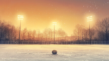 A winter scene with a snowy soccer pitch a single ball in the center and the warm glow of the stadium