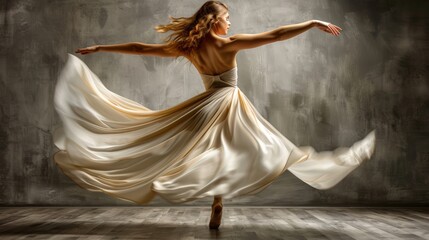 Ballerina dances in fluttering flowing cloth, in elegant form
