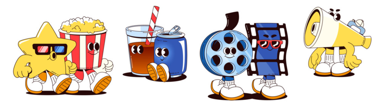 Cinema film character and cute popcorn movie icon. Theater food and snack vector. Hollywood mascot and funny video tape in glasses. Isolated happy megaphone, pop corn and soda design with face