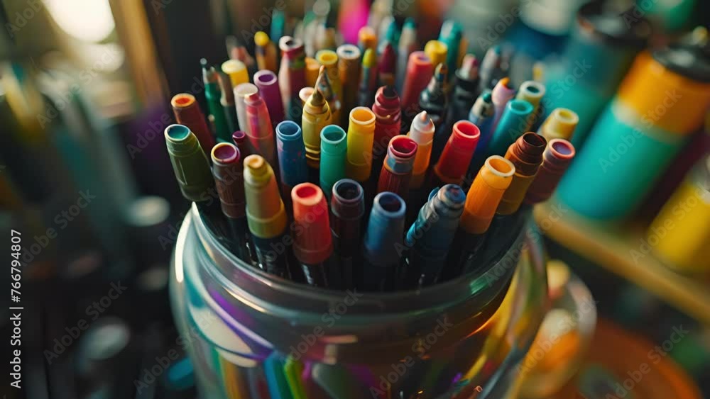 Poster a closeup of a jar filled with various sizes and colors of art markers ready to be used for adding b