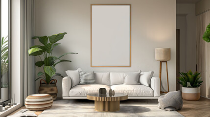 Blank poster frame mockup, in modern minimalist scandinavian interior