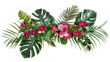Tropical leaves and flowers garland bouquet arrangement mixes orchids flower with tropical foliage fern, philodendron and ruscus leaves, isolated on transparent background.