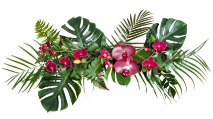 Tropical leaves and flowers garland bouquet arrangement mixes orchids flower with tropical foliage fern, philodendron and ruscus leaves, isolated on transparent background.