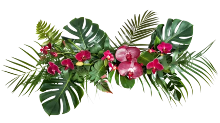 Deurstickers Tropical leaves and flowers garland bouquet arrangement mixes orchids flower with tropical foliage fern, philodendron and ruscus leaves, isolated on transparent background. © MDNANNU