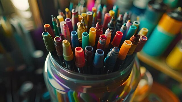 A closeup of a jar filled with various sizes and colors of art markers ready to be used for adding bold details to any project.