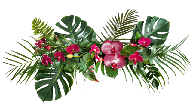 Tropical leaves and flowers garland bouquet arrangement mixes orchids flower with tropical foliage fern, philodendron and ruscus leaves, isolated on transparent background.