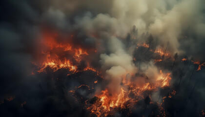 Fototapeta na wymiar Burning forest drone view disaster