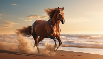 Obraz na płótnie Canvas Brown horse running on the beach by the ocean