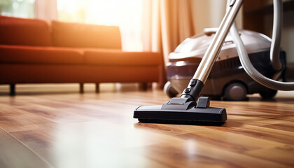 Close-up vacuum cleaner cleaning the floor in a bright apartment - obrazy, fototapety, plakaty