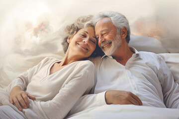 An elderly man and woman cuddling in bed, showcasing their enduring love and closeness - obrazy, fototapety, plakaty