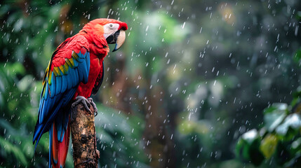 Red and Blue Macaw Parrot Perched on a Branch in the Rain