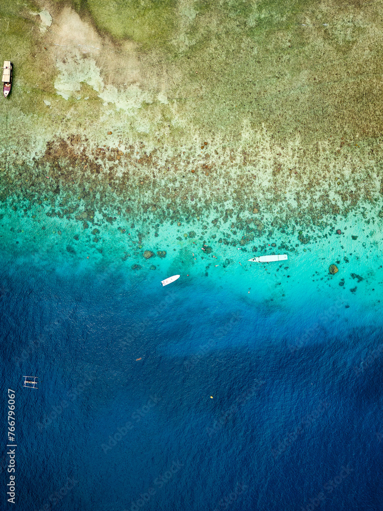 Wall mural Aerial view of traditional outrigger type boats with snorkelers and swimmers over a tropical coral reef in a clear, warm ocean - Wall murals