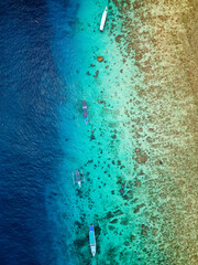 Aerial view of traditional outrigger type boats with snorkelers and swimmers over a tropical coral...