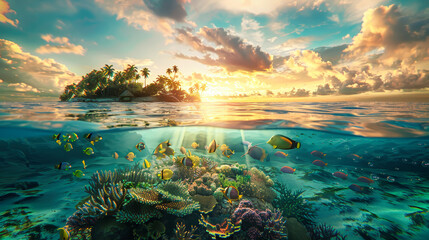 A vibrant painting of a tropical ocean scene showcasing colorful corals and various fish swimming...