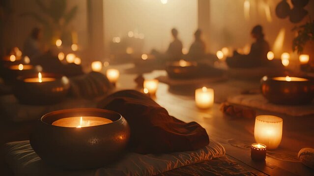 A room filled with soft ambient light and the gentle hum of a sound bath. Participants lay still focused on soaking in the healing vibrations of gongs singing bowls and other