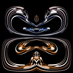 shiny polished chrome convoluted curved complimentary shapes blue and gold respectively on a black background - obrazy, fototapety, plakaty