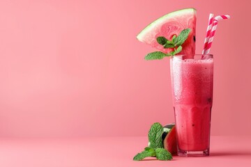 Refreshing Watermelon Drink and Slice on Pink Background