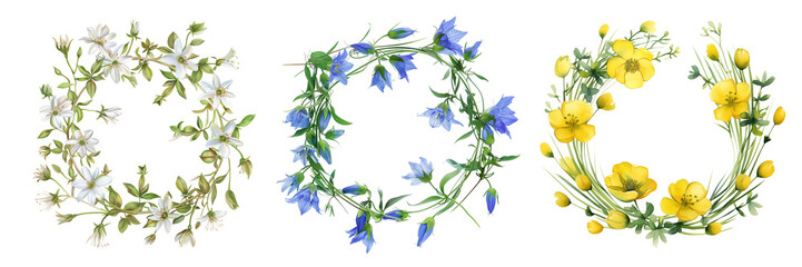 Wreath of yellow, blue and white flower meadow, forest wildflowers. Watercolor hand painting buttercup, holostea and blue bellflower round wreath frame on transparent background.