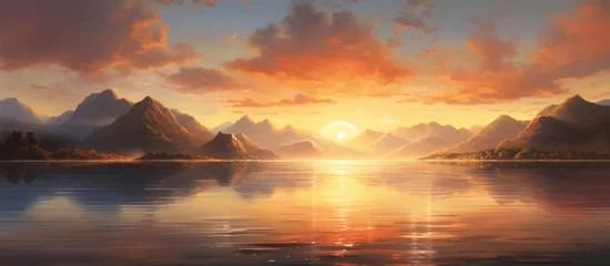Papier Peint photo Lavable Réflexion A stunning natural landscape painting capturing the serene atmosphere of dusk with the afterglow of the sunset reflecting on the water, framed by mountains and a colorful sky