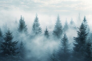 Mystical foggy forest with tall spruce trees in the morning light