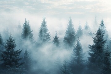 Fototapeta premium Mystical foggy forest with tall spruce trees in the morning light