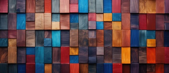 An up-close view of a wooden wall painted in bright and assorted colors - obrazy, fototapety, plakaty